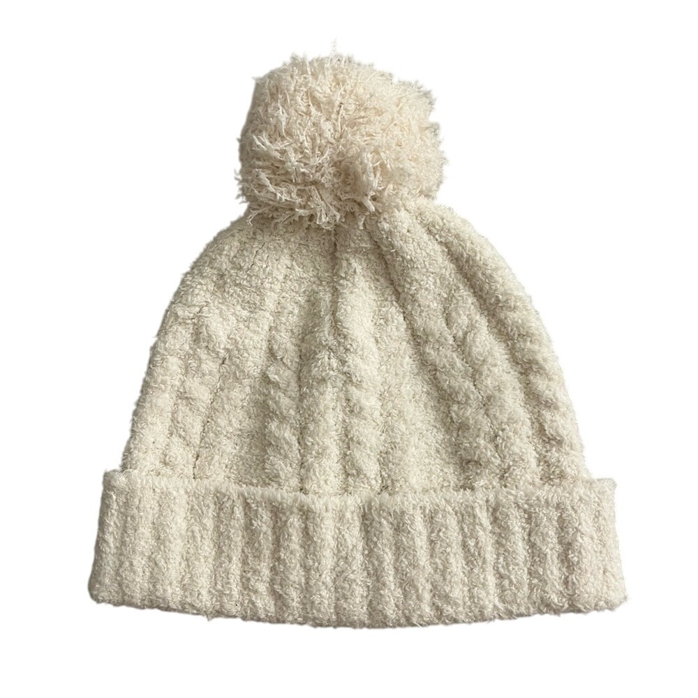 Barefoot Dreams CozyChic Womens Cable‎ Beanie Hat Pom Pom Cream OS Luxury Winter